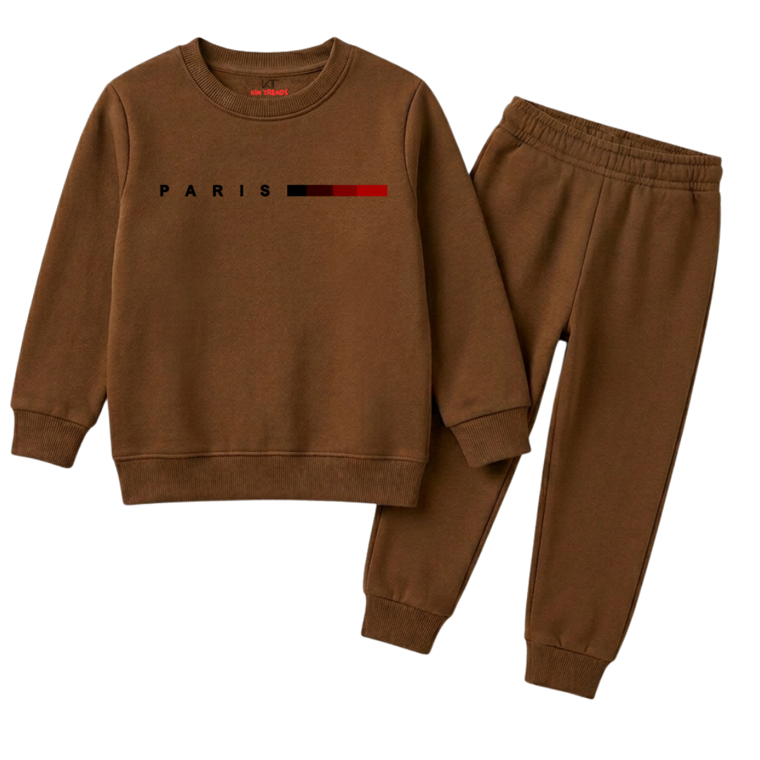 Kids Coffee Brown Premium Paris Graphic Print Winter Clothing Set