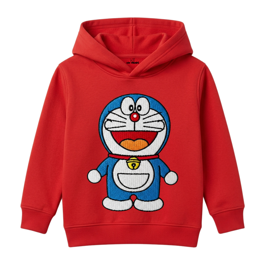 Classic Doraemon Anime Character Embroidered Style Kids Winter Fleece Hoodie