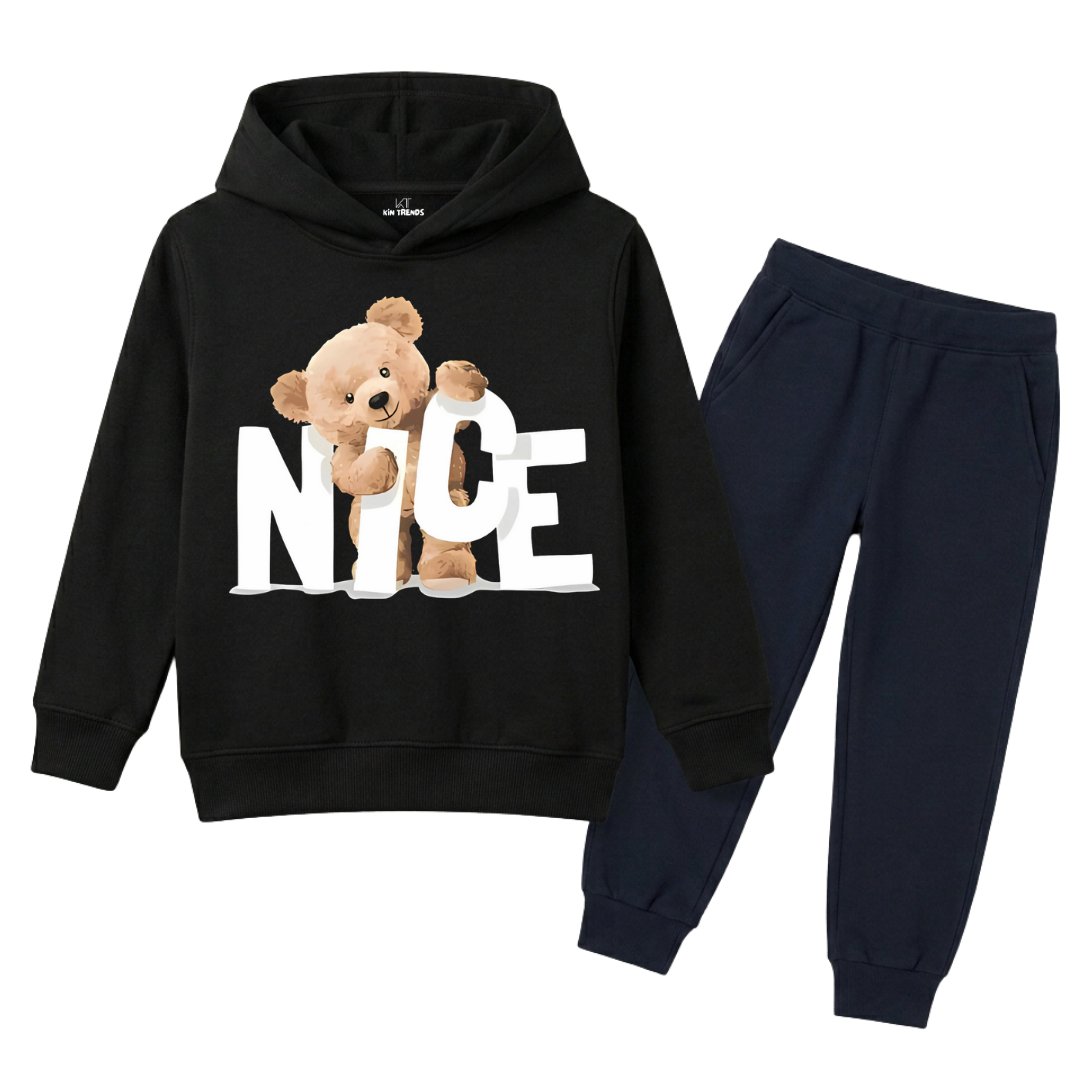 Cute Teddy Bear NICE Typography Kids Winter Fleece Tracksuit - 2 Pcs