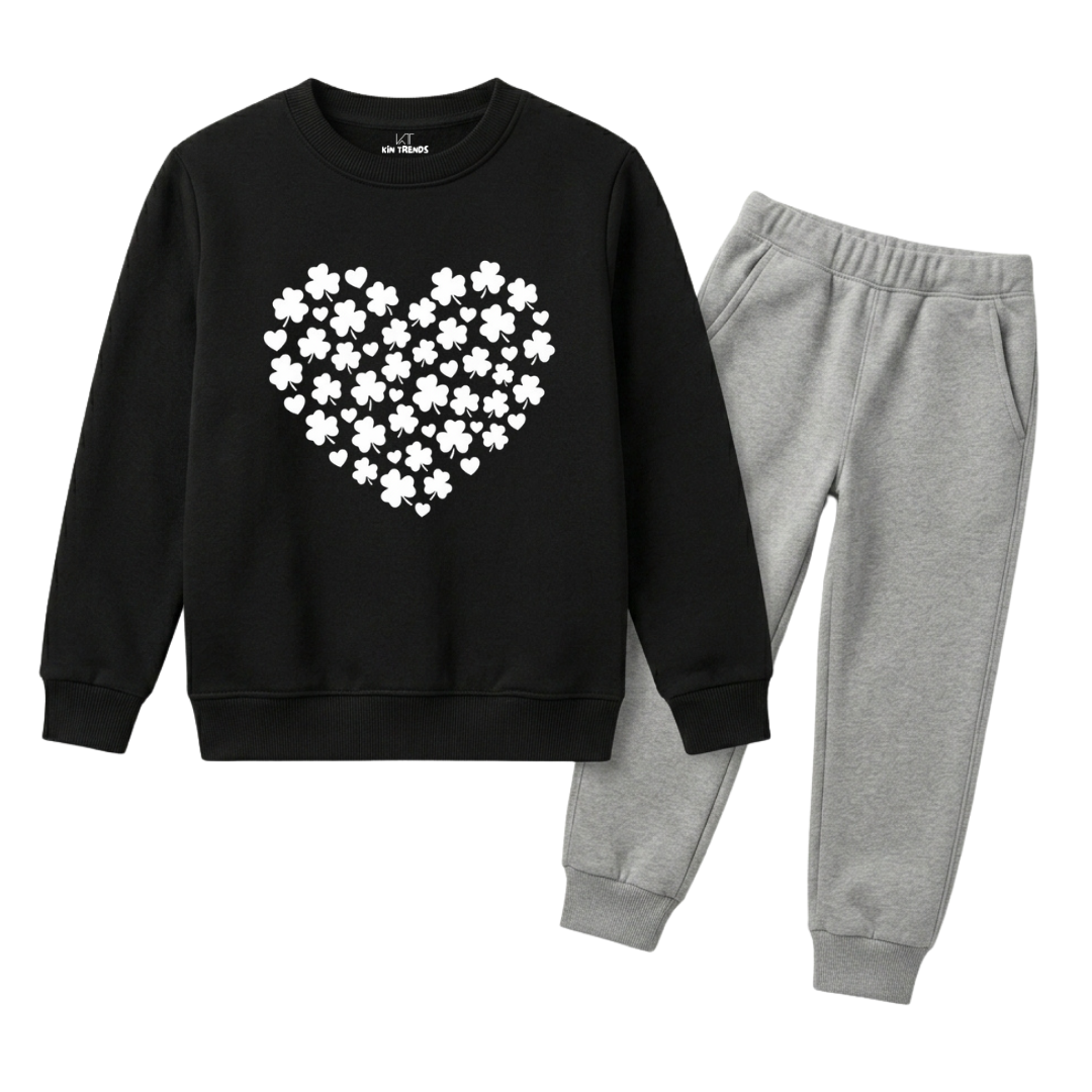 Girls Black & Grey Cute Leafy Heart Graphic Print Winter Suit