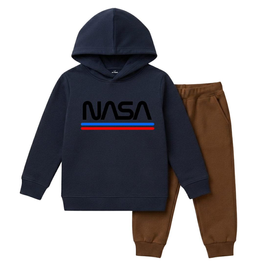 NASA Logo Printed Kids Winter Fleece Hoodie Tracksuit - 2 Pcs