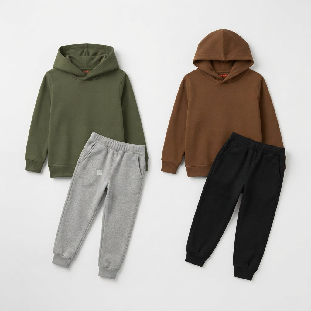 Pack Of 2 Kids Plain Contrast Color Winter Fleece Hoodie Tracksuits - Kin Trends CC1