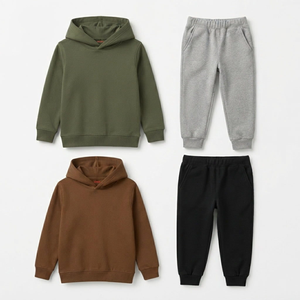 Pack Of 2 Kids Plain Contrast Color Winter Fleece Hoodie Tracksuits - Kin Trends CC1