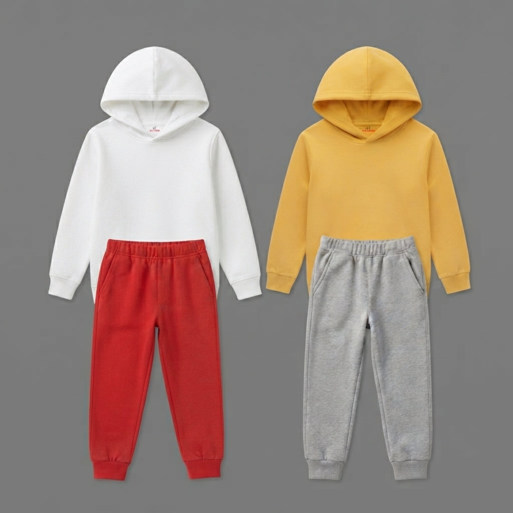 Pack Of 2 Plain Contrast Color Winter Fleece Hoodie Tracksuits CC3
