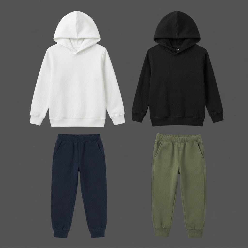Pack Of 2 Plain Contrast Color Winter Fleece Hoodie Tracksuits CC2