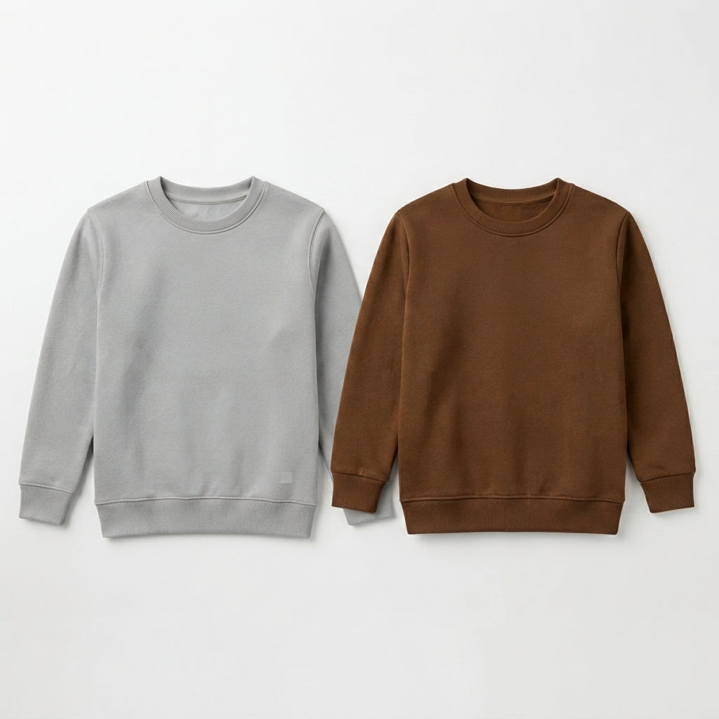Pack Of 2 Gray, Brown Premium Kids Winter Crewneck Sweatshirts