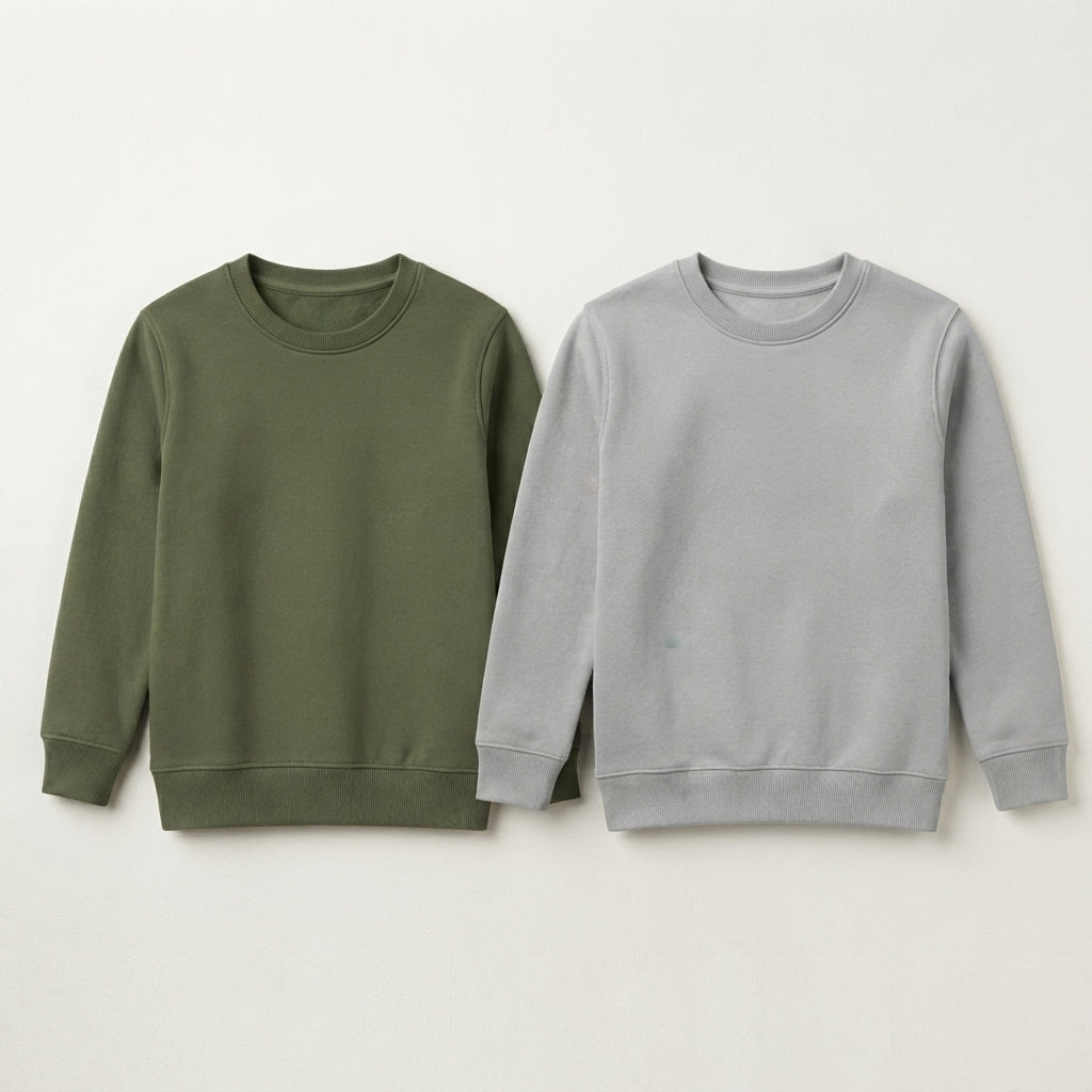 Pack Of 2 Olive Green, Grey Premium Kids Winter Crewneck Sweatshirts