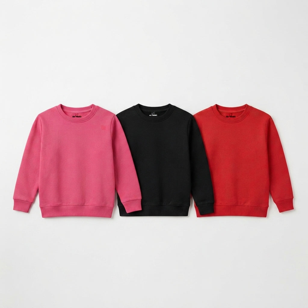 Pack Of 3 Pink, Red, Black Plain Kids Casual Winter Fleece Sweatshirts Bundle