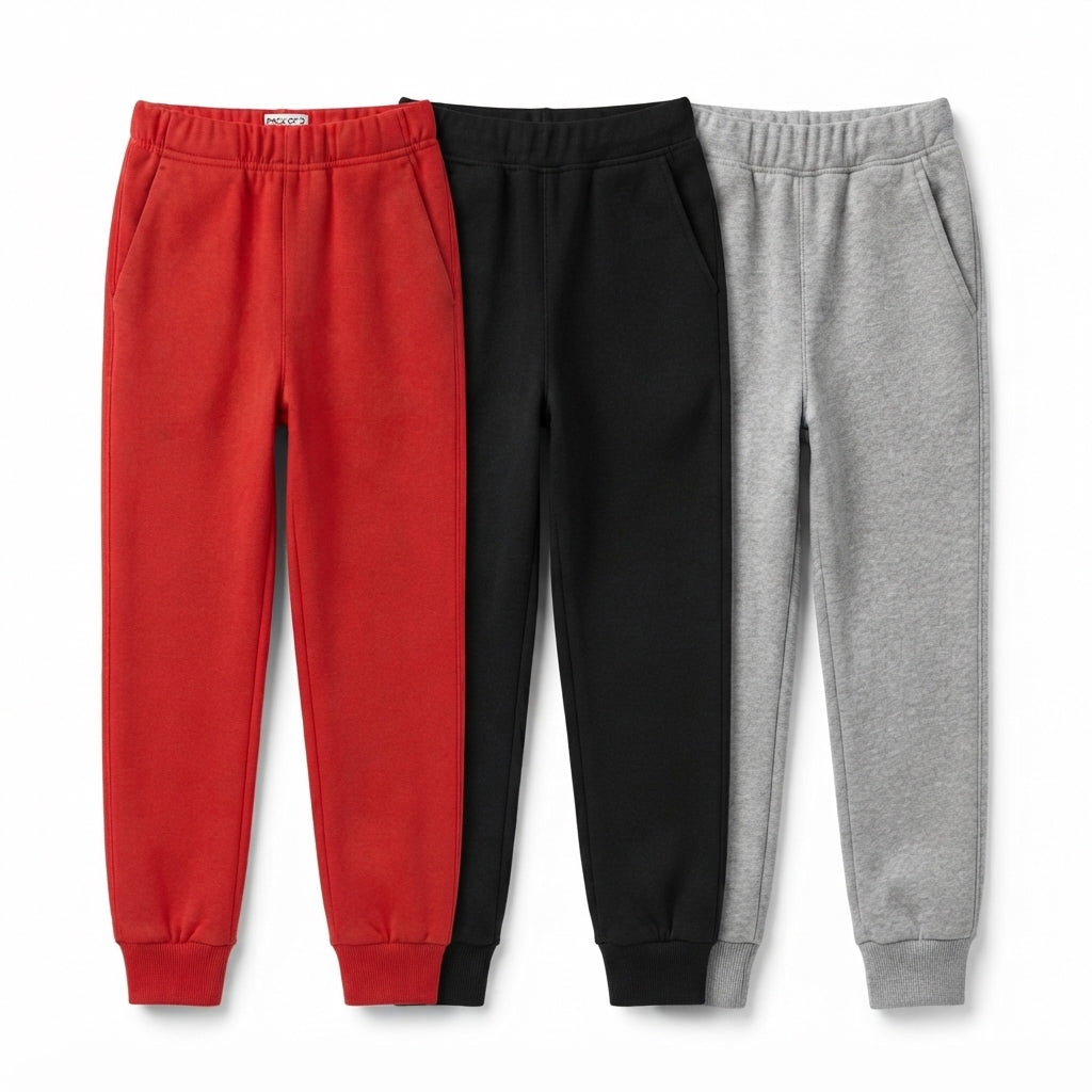 Pack Of 3 Red, Black, Gray Kids Everyday Winter Fleece Joggers Bundle