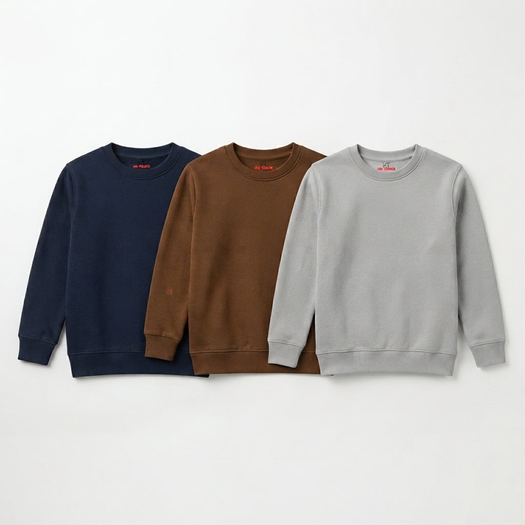 Pack Of 3 Brown, Navy, Gray Plain Kids Casual Winter Fleece Sweatshirts Bundle