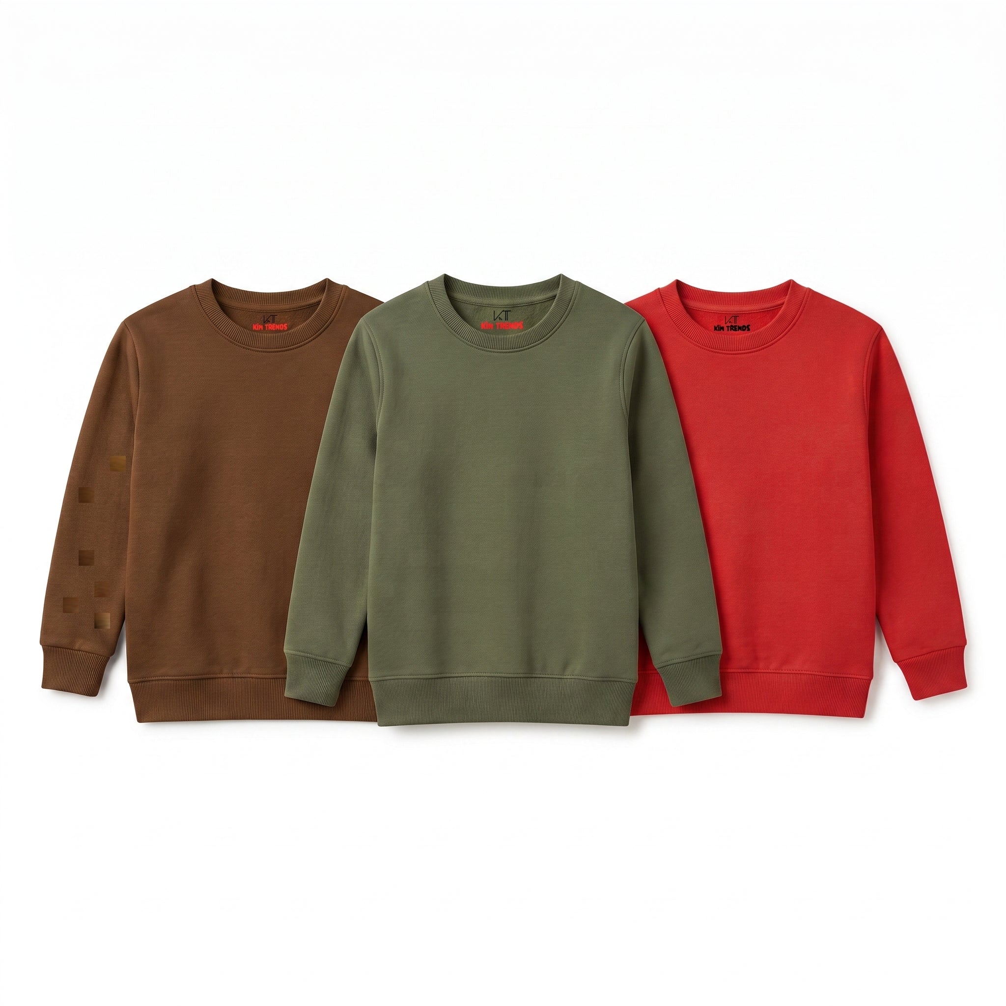Pack Of 3 Brown, Olive, Red Plain Kids Casual Winter Fleece Sweatshirts Bundle