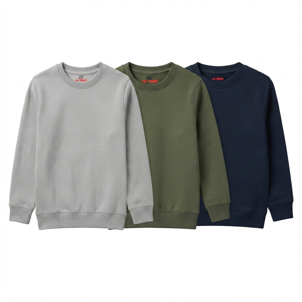 Pack Of 3 Grey, Olive, Navy Plain Kids Casual Winter Fleece Sweatshirts Bundle