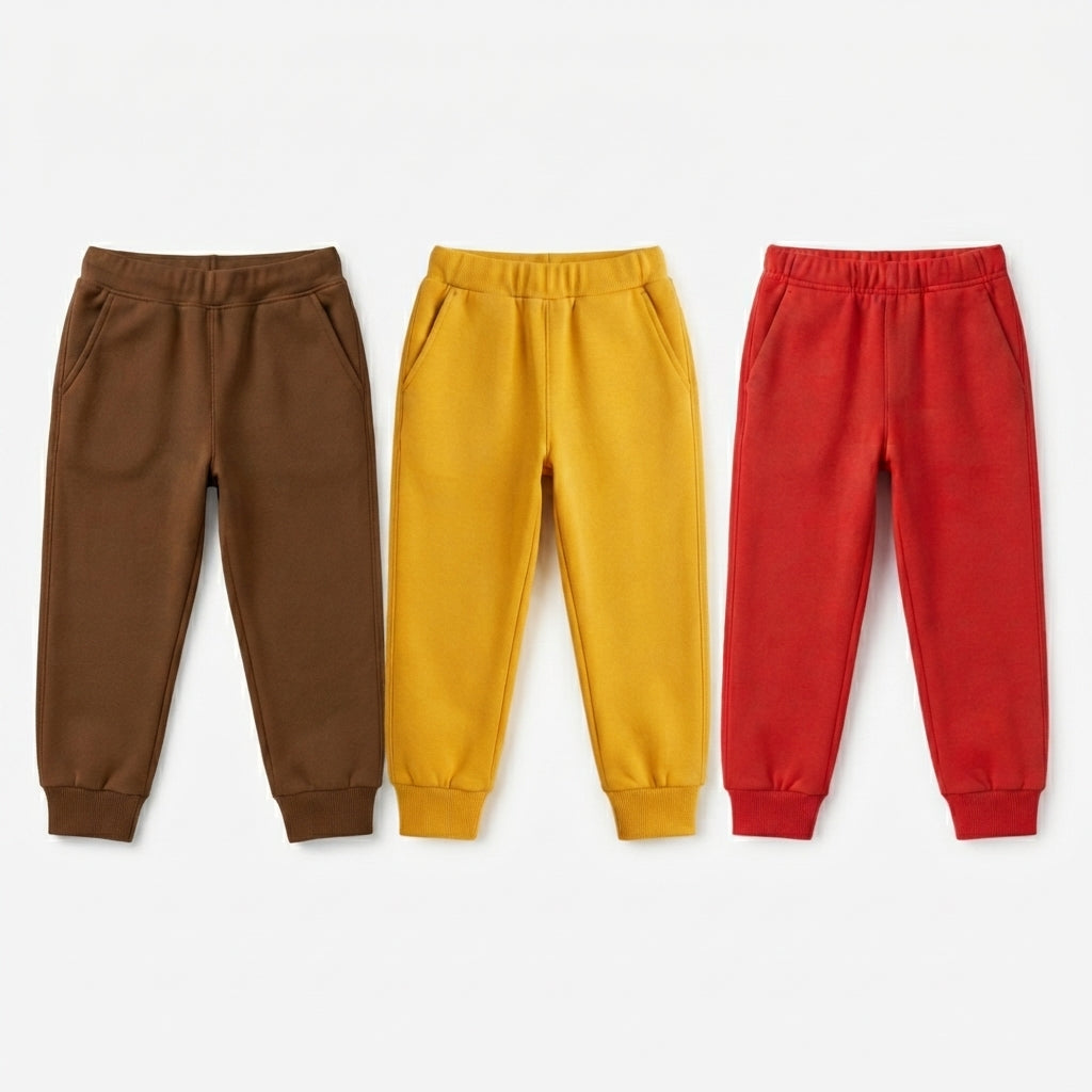 Pack Of 3 Brown Yellow Red Kids Everyday Winter Fleece Joggers Bundle