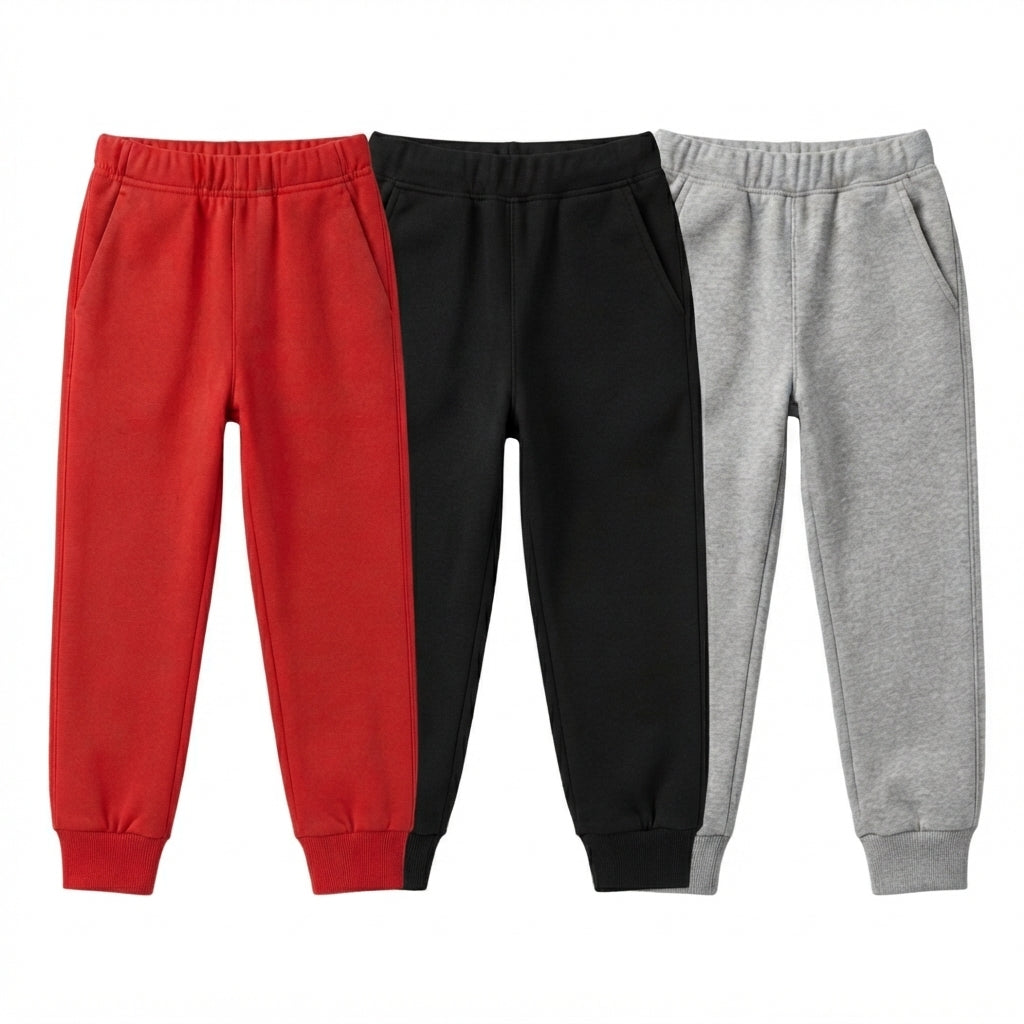 Pack Of 3 Red, Black, Gray Kids Everyday Winter Fleece Joggers Bundle
