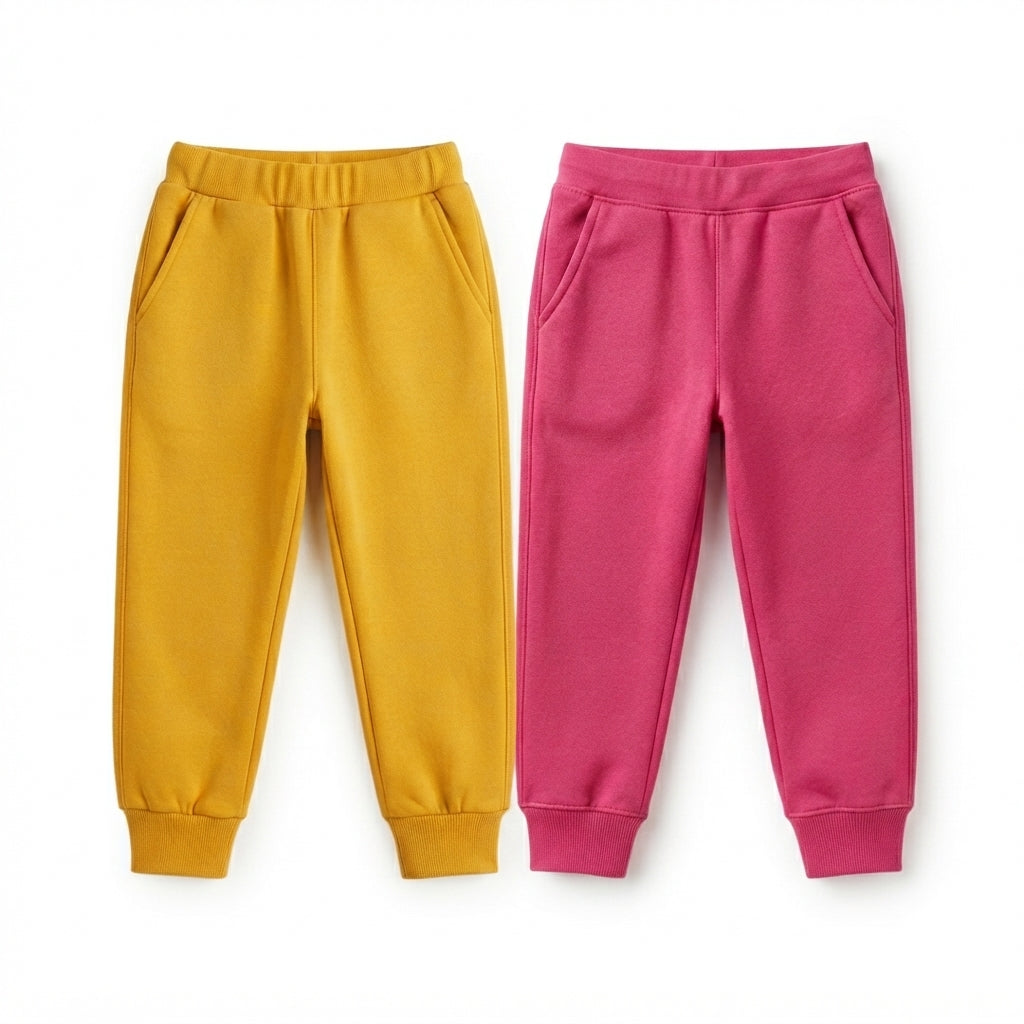 Pack Of 2 Yellow - Pink Premium Kids Winter Fleece Trousers