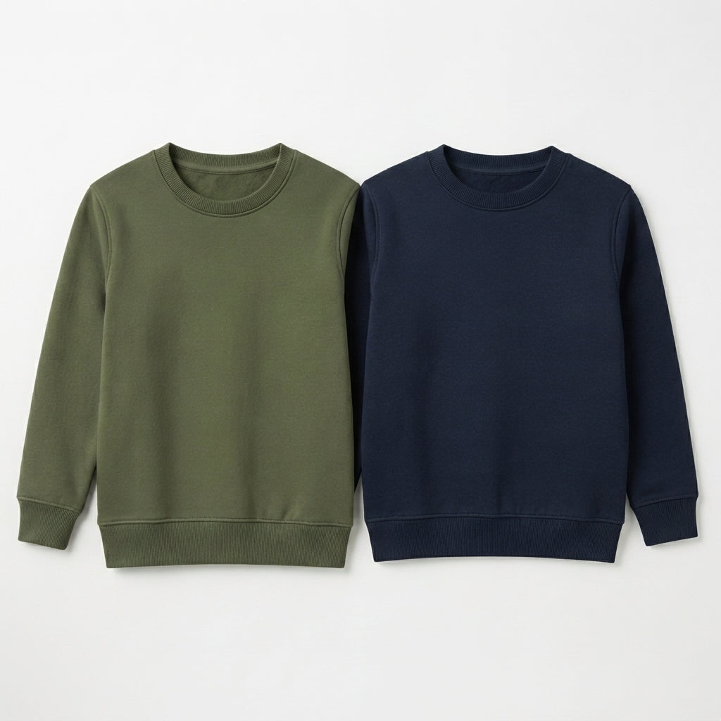 Pack Of 2 Olive green, Navy Premium Kids Winter Crewneck Sweatshirts