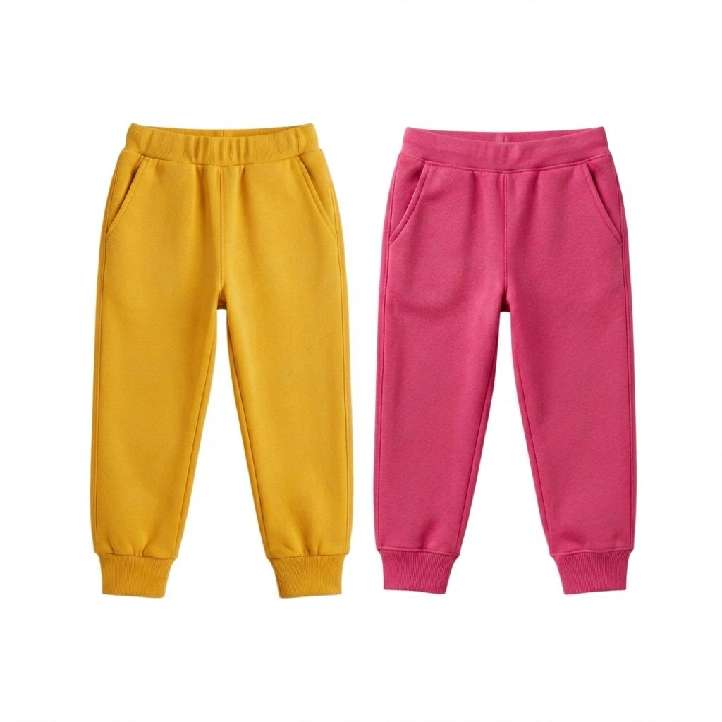Pack Of 2 Yellow - Pink Premium Kids Winter Fleece Trousers