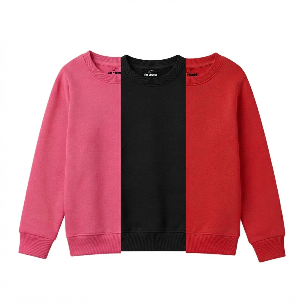 Pack Of 3 Pink, Red, Black Plain Kids Casual Winter Fleece Sweatshirts Bundle