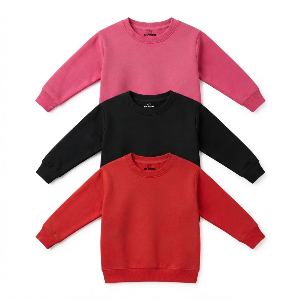 Pack Of 3 Pink, Red, Black Plain Kids Casual Winter Fleece Sweatshirts Bundle
