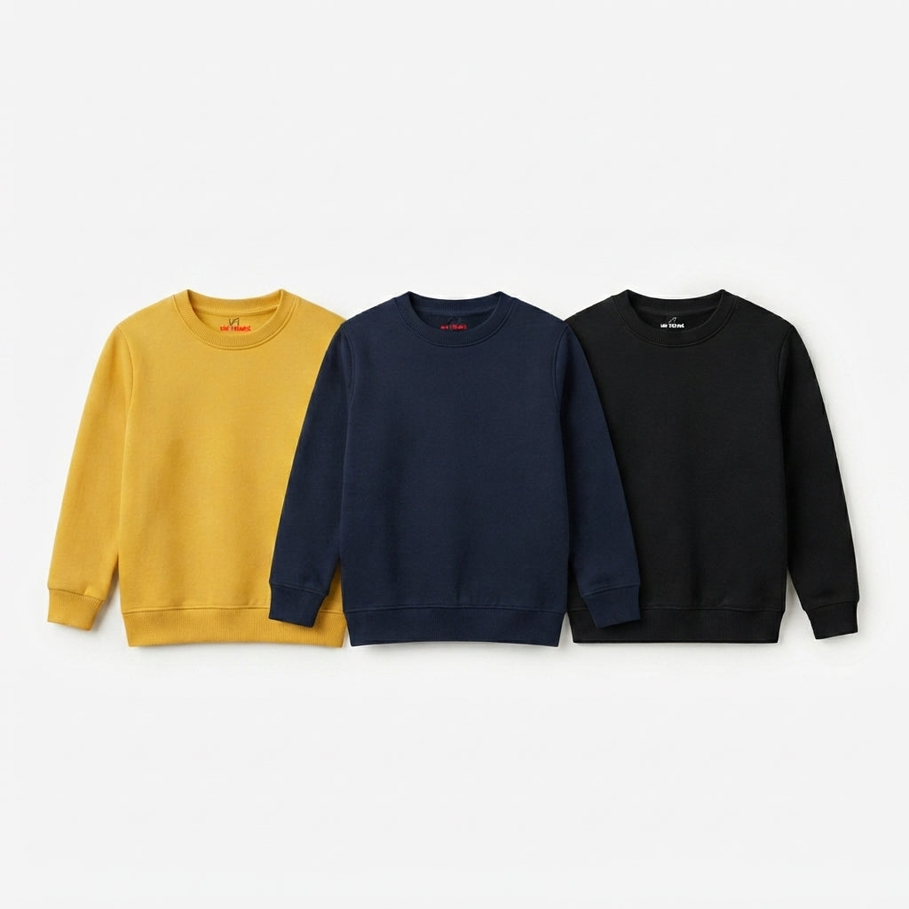 Pack Of 3 Yellow, Navy, Black Plain Kids Casual Winter Fleece Sweatshirts Bundle - Kin Trends