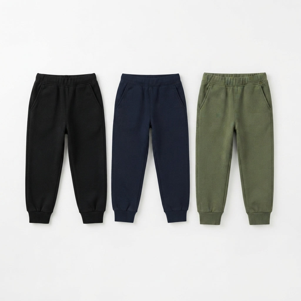 Pack Of 3 Black, Navy, Olive Green Kids Everyday Winter Fleece Joggers Bundle