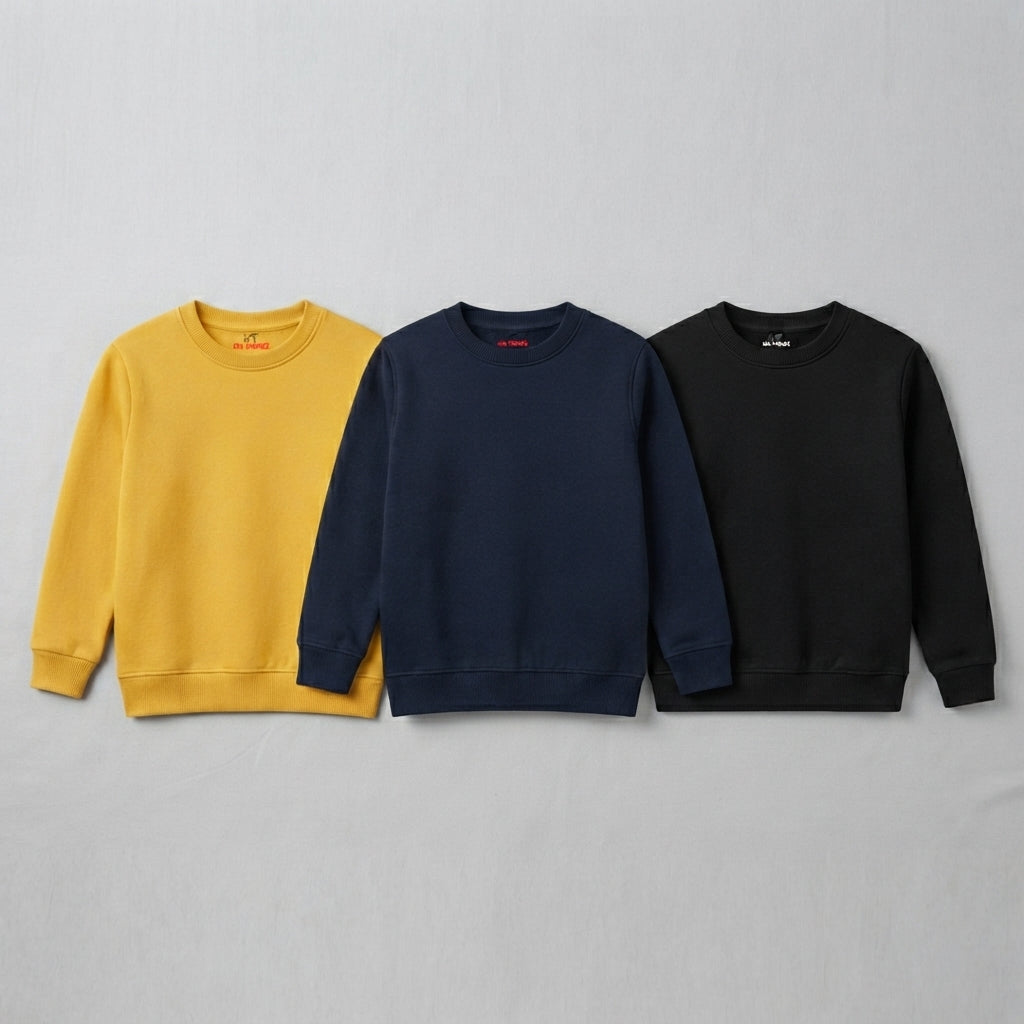 Pack Of 3 Yellow, Navy, Black Plain Kids Casual Winter Fleece Sweatshirts Bundle - Kin Trends