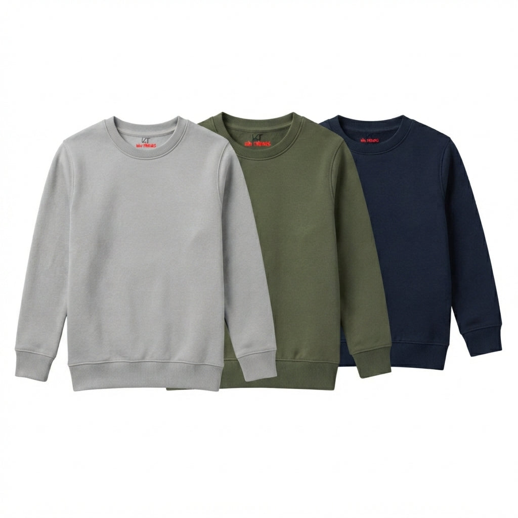 Pack Of 3 Grey, Olive, Navy Plain Kids Casual Winter Fleece Sweatshirts Bundle