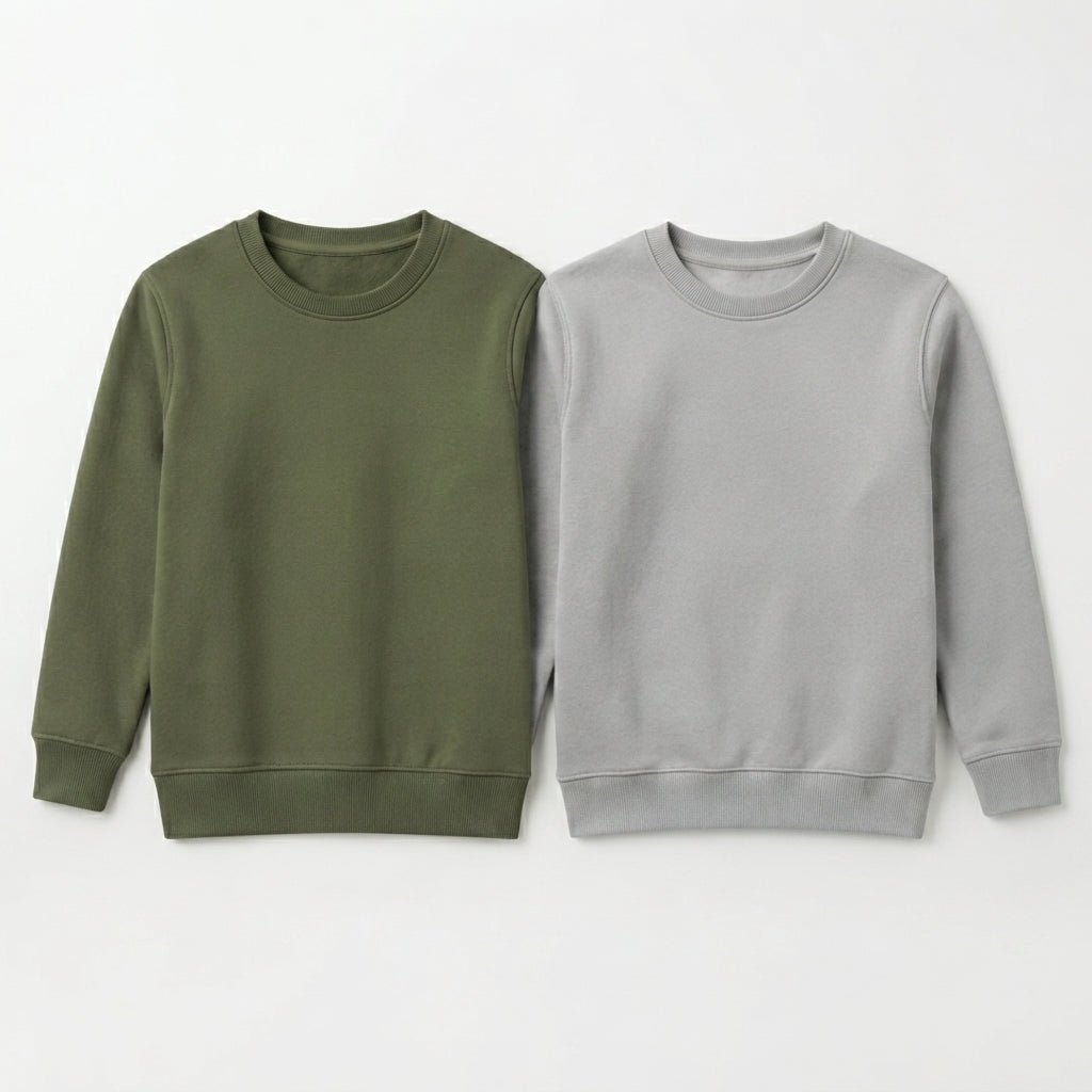 Pack Of 2 Olive Green, Grey Premium Kids Winter Crewneck Sweatshirts
