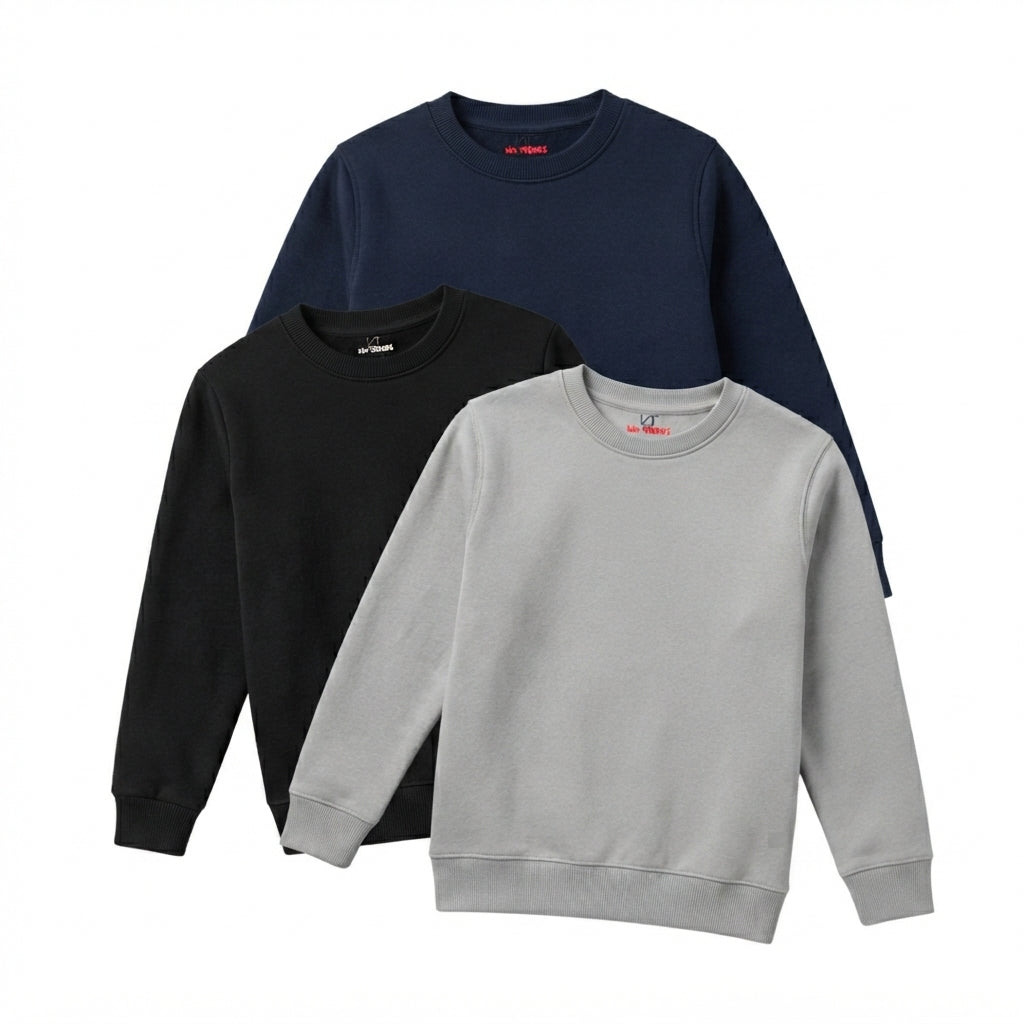 Pack Of 3 Navy, Black, Grey Plain Kids Casual Winter Fleece Sweatshirts Bundle
