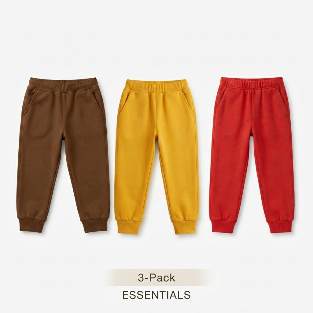 Pack Of 3 Brown Yellow Red Kids Everyday Winter Fleece Joggers Bundle