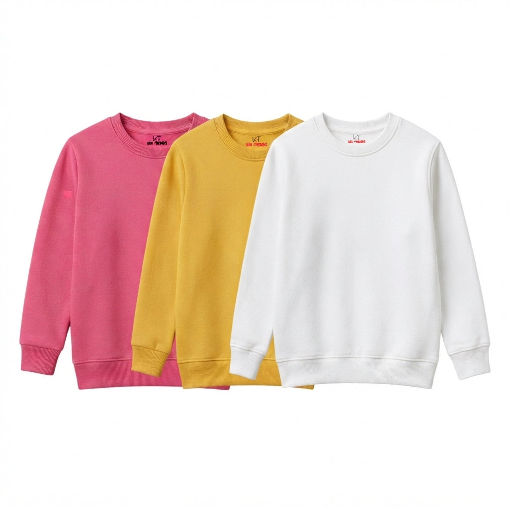 Pack Of 3 Pink, White, Yellow Plain Kids Casual Winter Fleece Sweatshirts Bundle