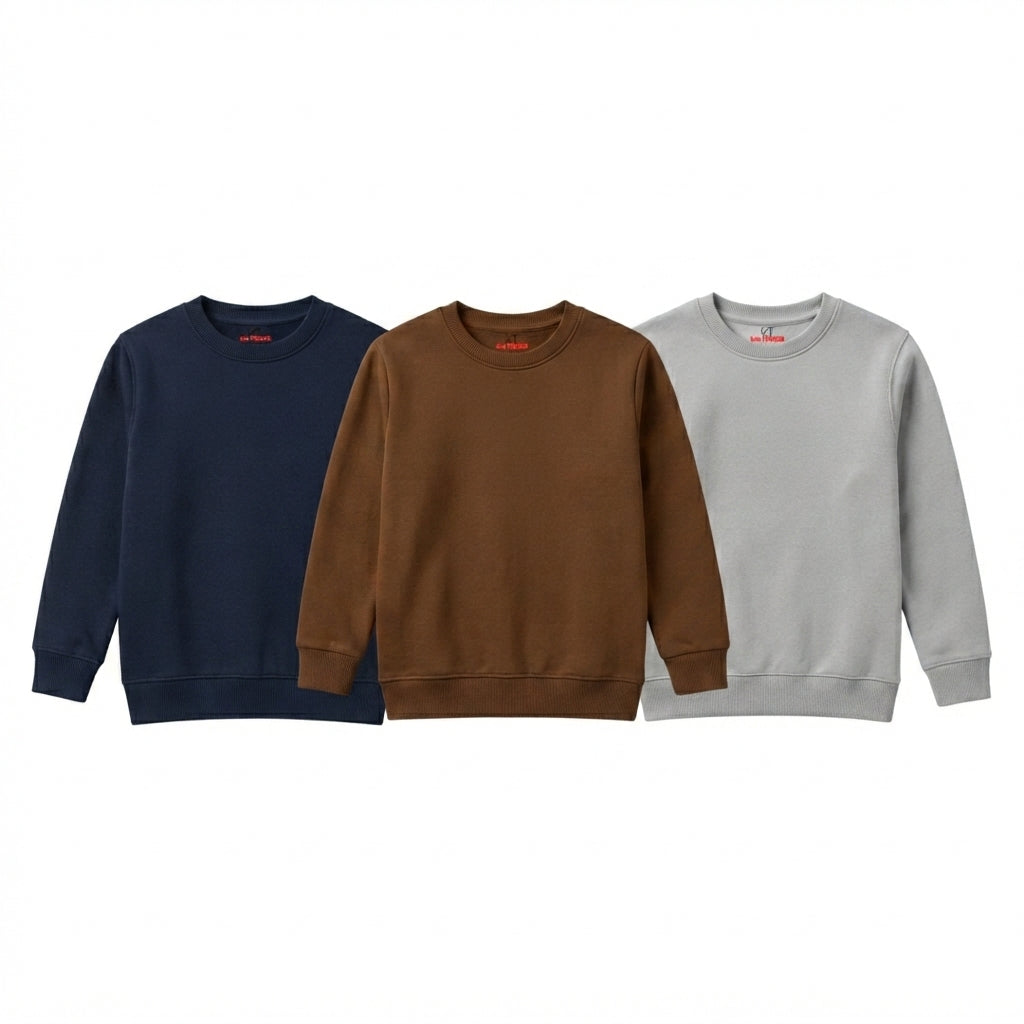 Pack Of 3 Brown, Navy, Gray Plain Kids Casual Winter Fleece Sweatshirts Bundle