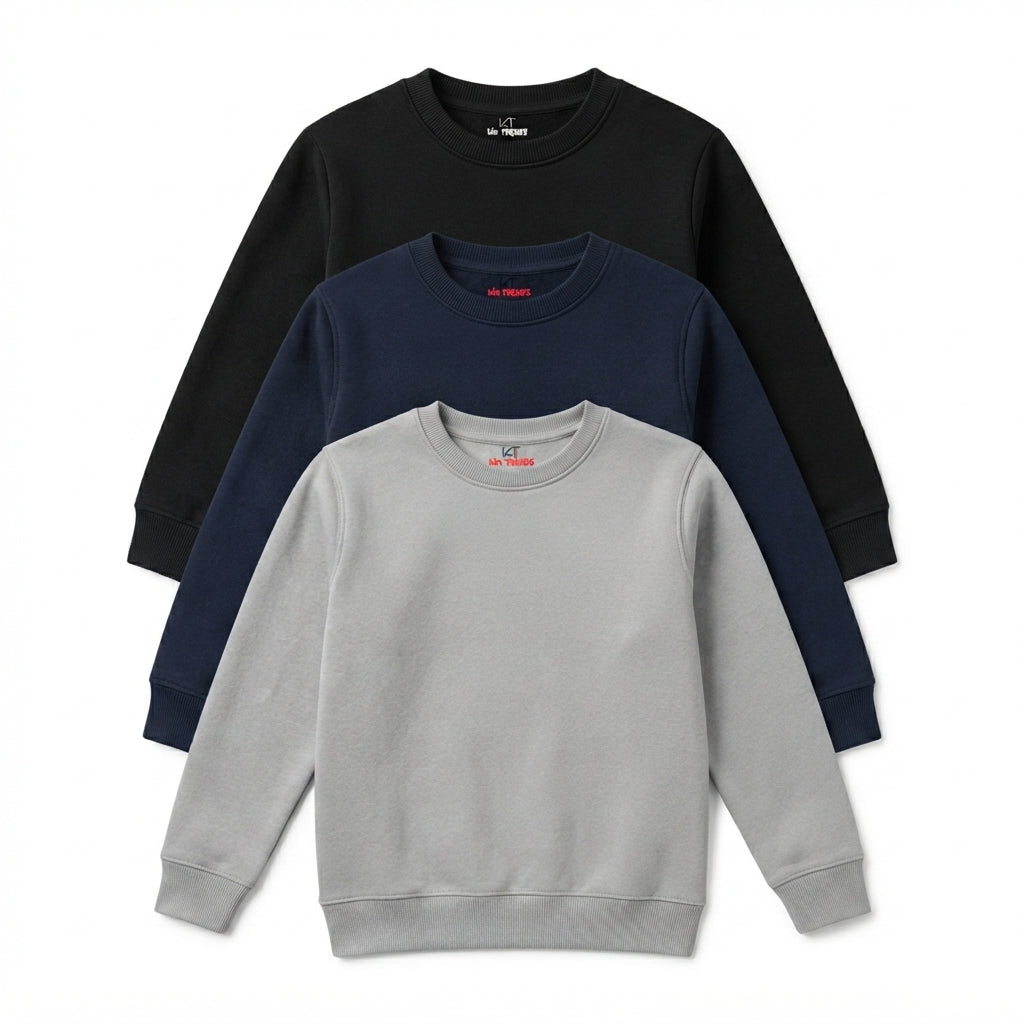 Pack Of 3 Navy, Black, Grey Plain Kids Casual Winter Fleece Sweatshirts Bundle