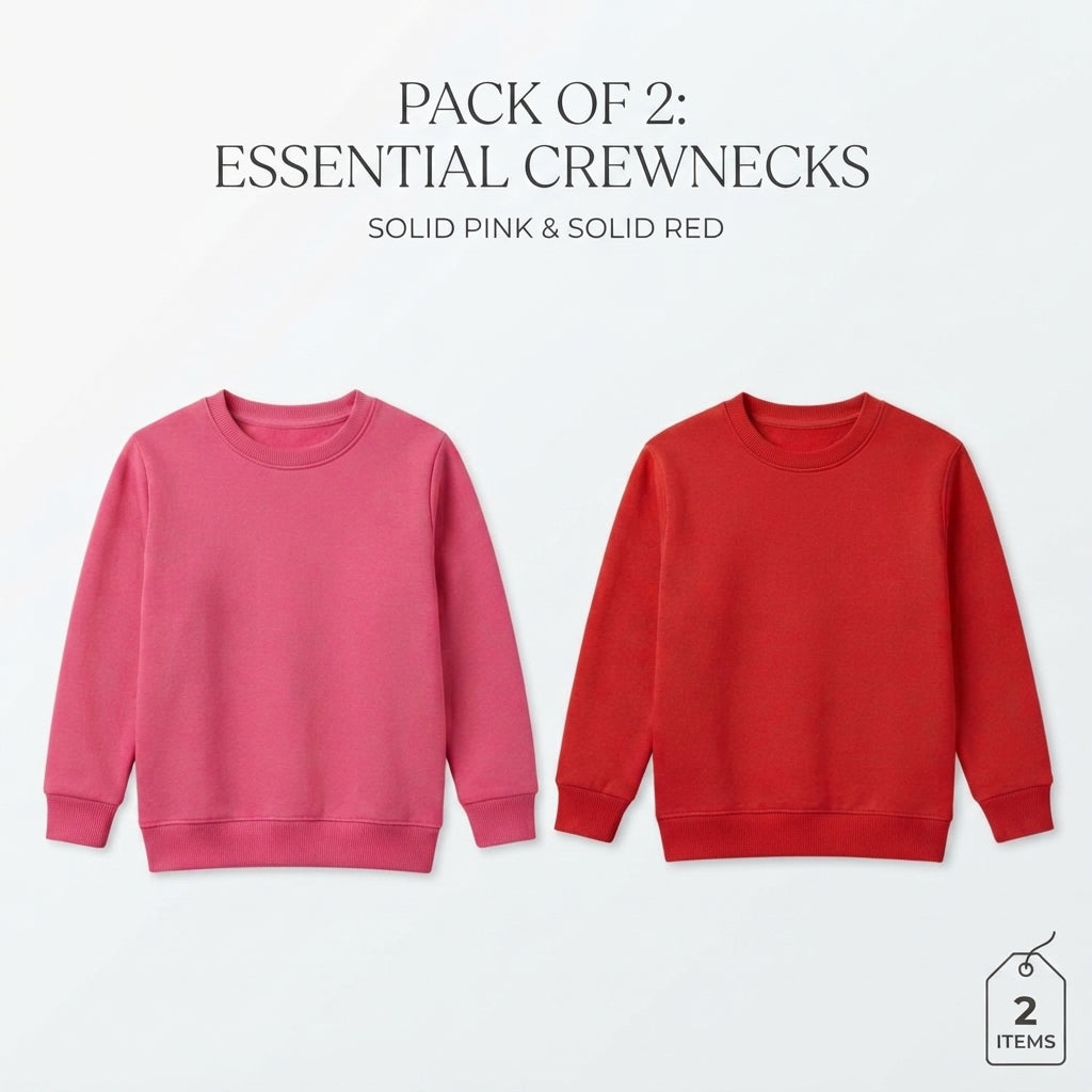 Pack Of 2 Pink, Red Premium Kids Winter Crewneck Sweatshirts
