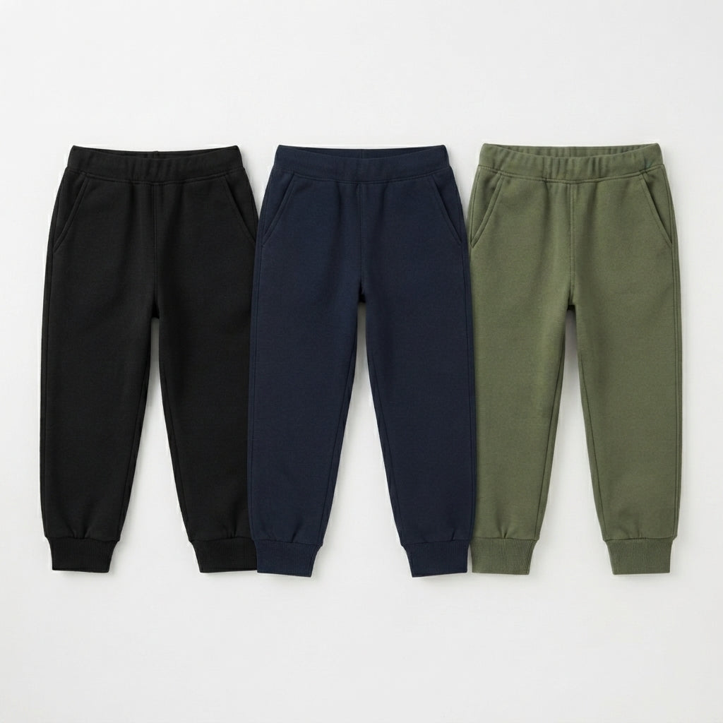 Pack Of 3 Black, Navy, Olive Green Kids Everyday Winter Fleece Joggers Bundle