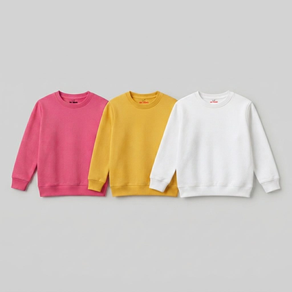 Pack Of 3 Pink, White, Yellow Plain Kids Casual Winter Fleece Sweatshirts Bundle